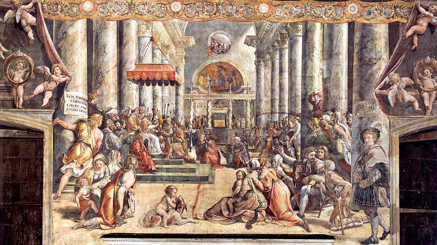 Raphael workshop fresco of Constantine's legendary donation to Pope Sylvester