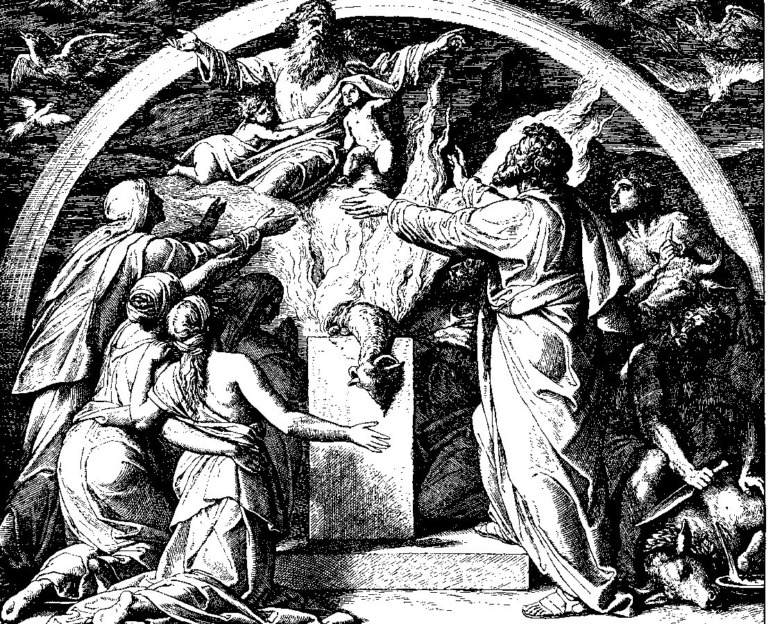 Noah offers sacrifice as a rainbow arcs over the receding flood