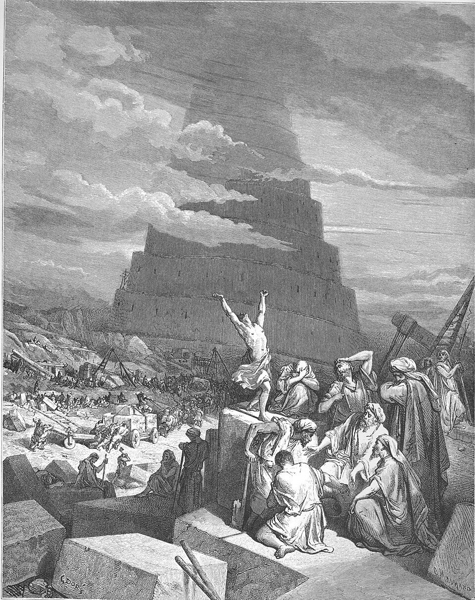Builders raise a great tower on the plain of Shinar