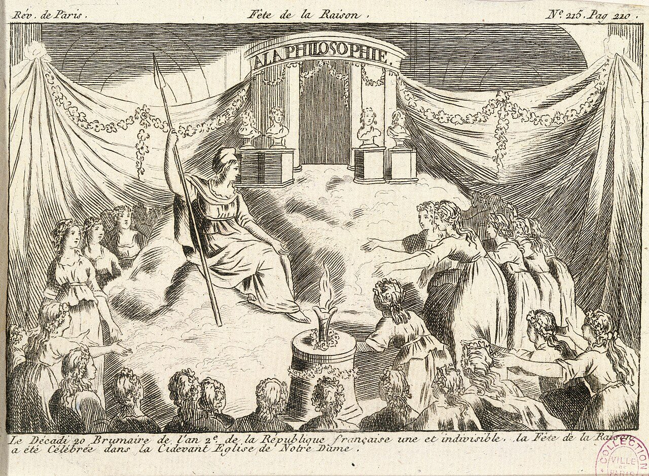 Contemporary engraving of the Fete de la Raison held in Notre-Dame, 10 Nov 1793