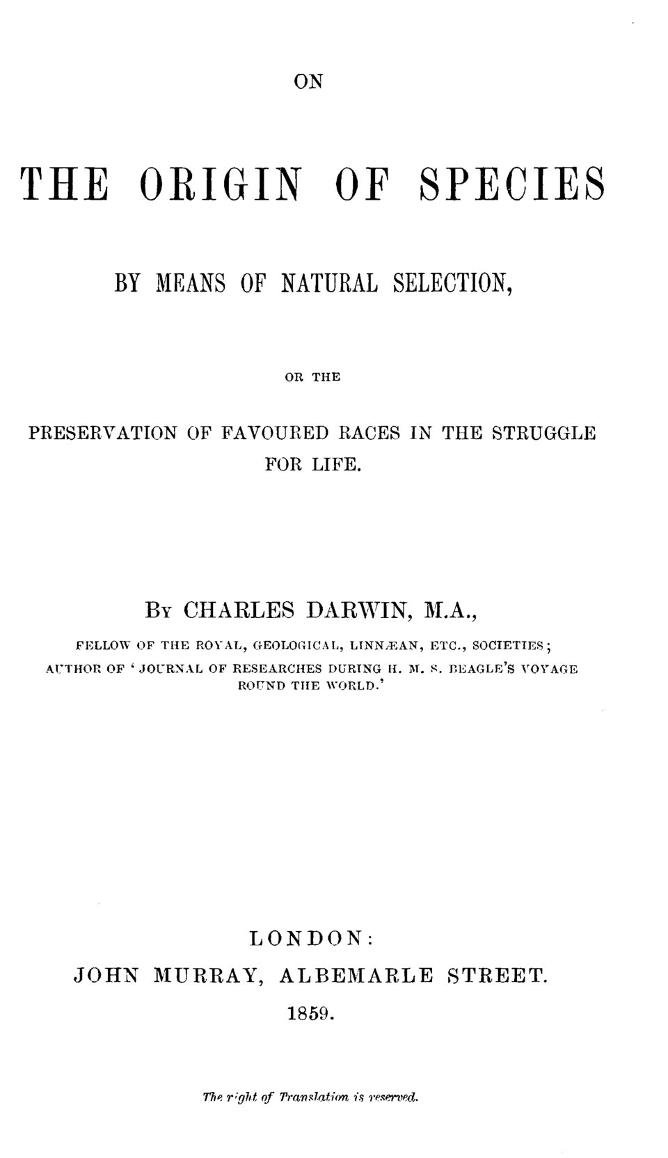 Title page of the first edition of On the Origin of Species, 1859