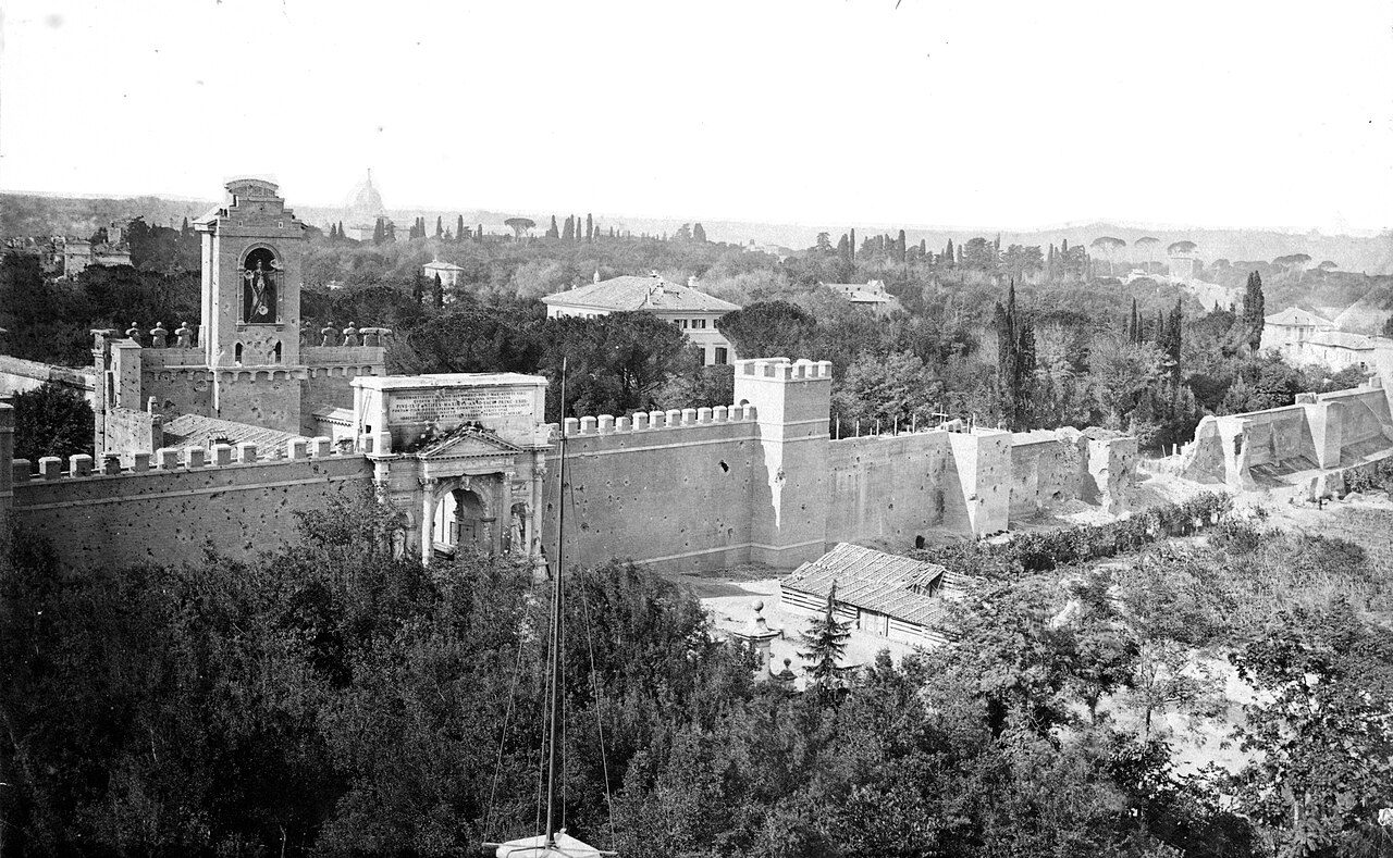 Contemporary photograph of the breach in Rome's wall at Porta Pia, 1870