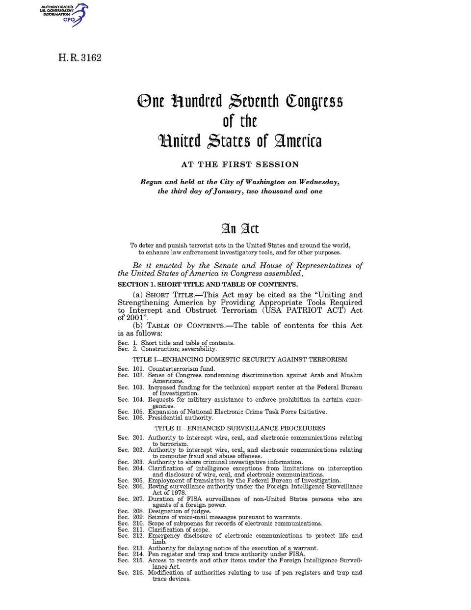 First page of the enacted USA PATRIOT Act