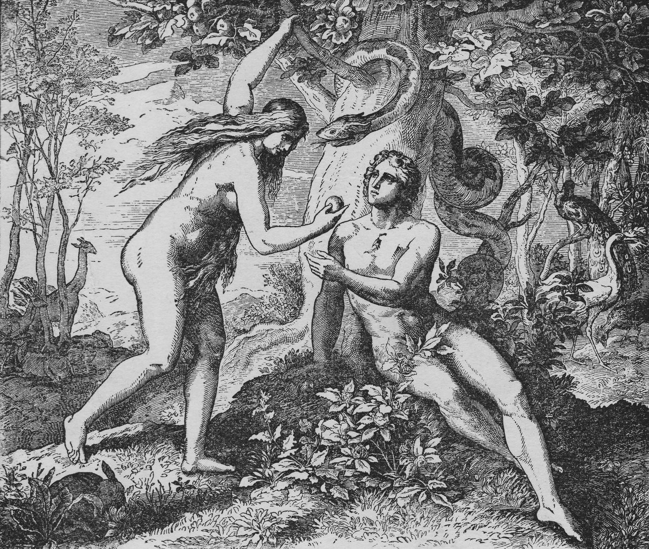 Eve and Adam at the tree of knowledge, the serpent coiled in its branches