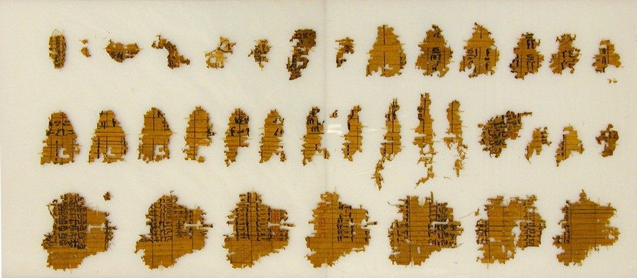 Fragments of an ancient papyrus sheet with hieratic writing