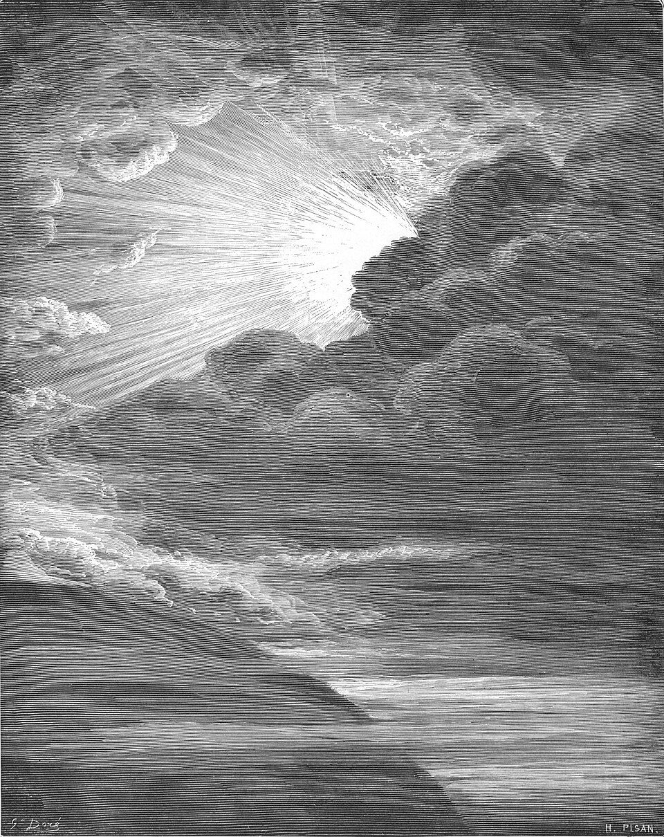 Light bursting over the dark, formless waters at creation