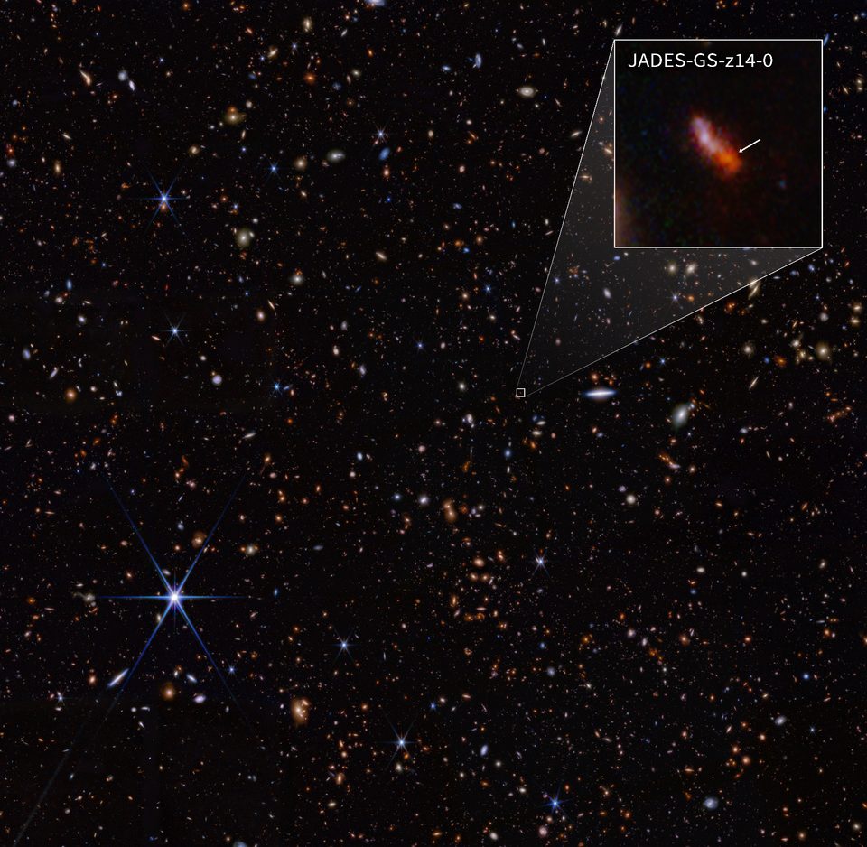 Infrared JWST image highlighting the galaxy JADES-GS-z14-0