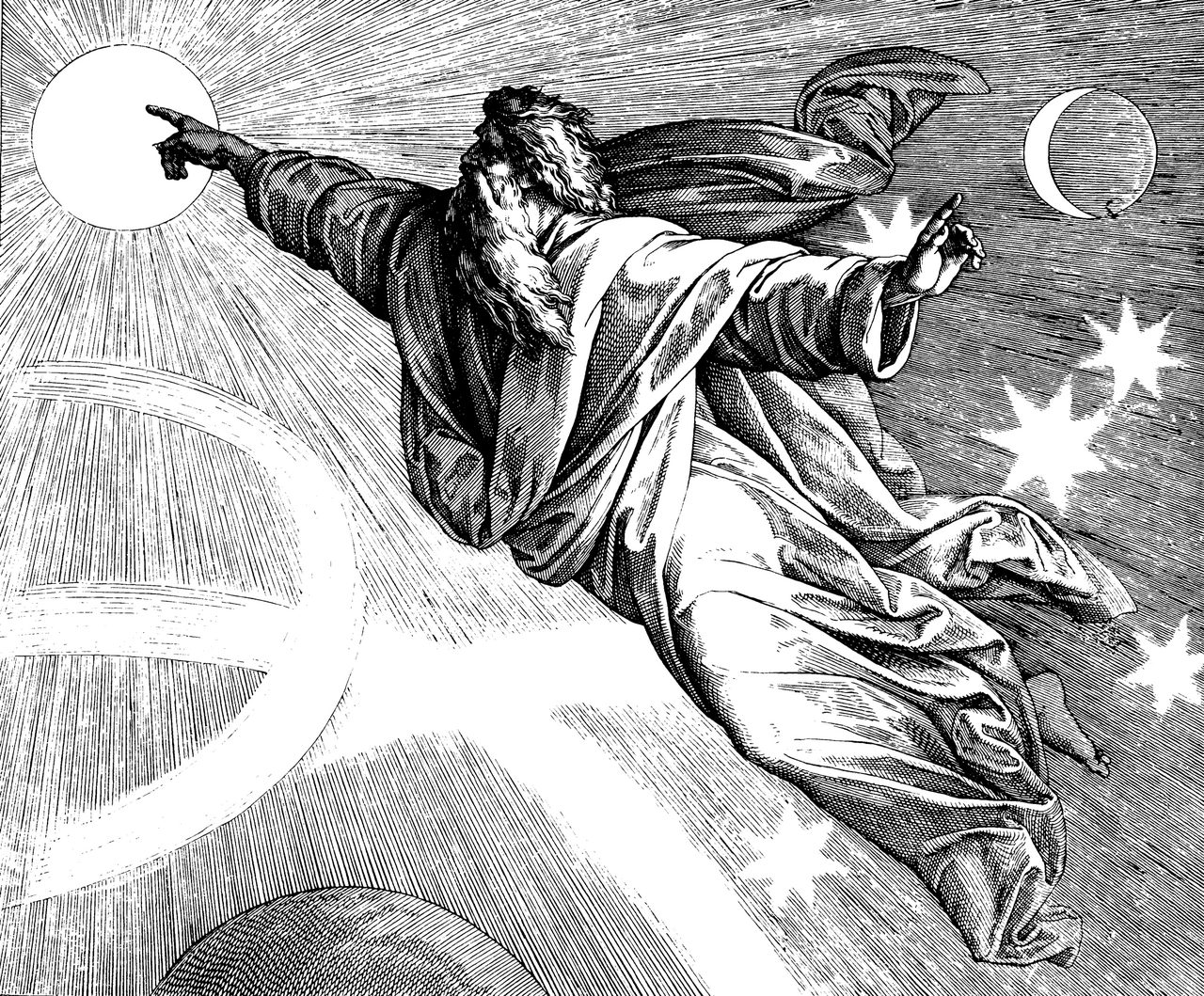 God sets sun, moon and stars in the sky, dividing day from night