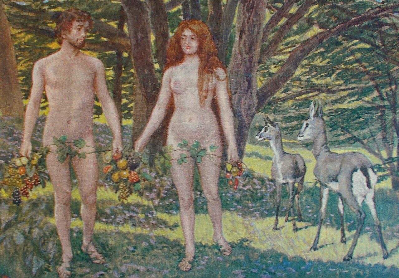 Adam and Eve stand together, unclothed, among the trees of Eden
