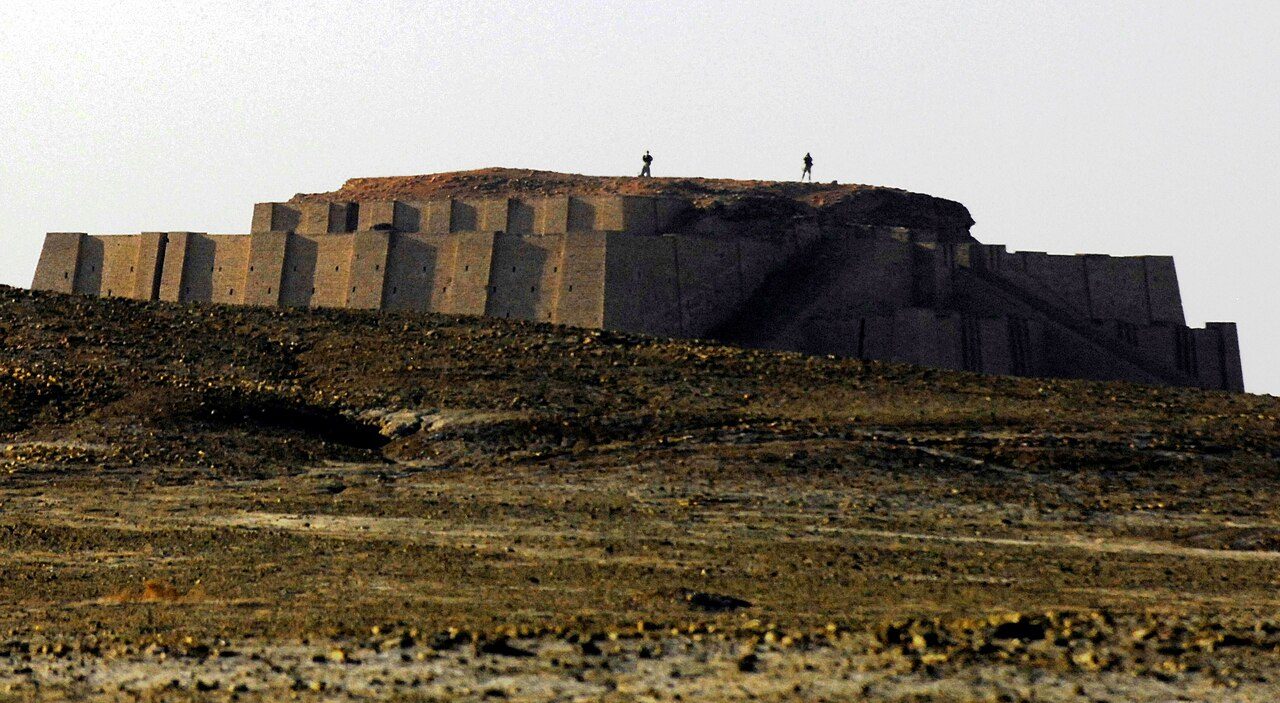 A massive stepped mudbrick platform with a wide staircase