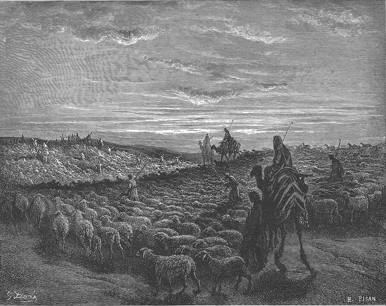 Abraham leads family, flocks and camels in a caravan toward Canaan