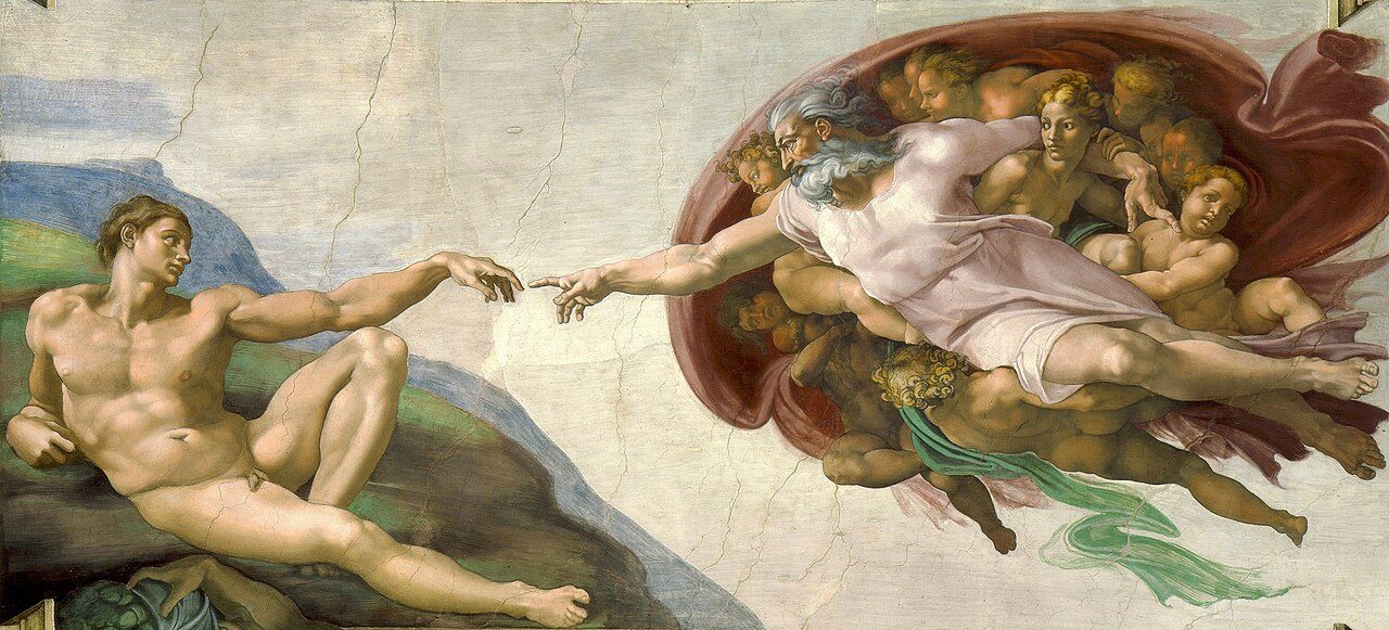 God reaches out to touch the newly formed Adam, giving him life