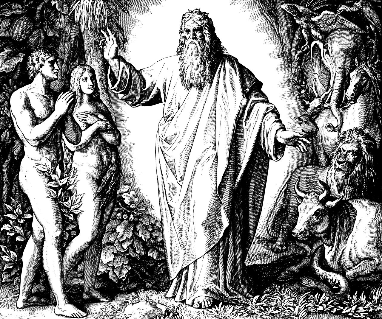 God forms the first human pair, set as rulers over the animals shown