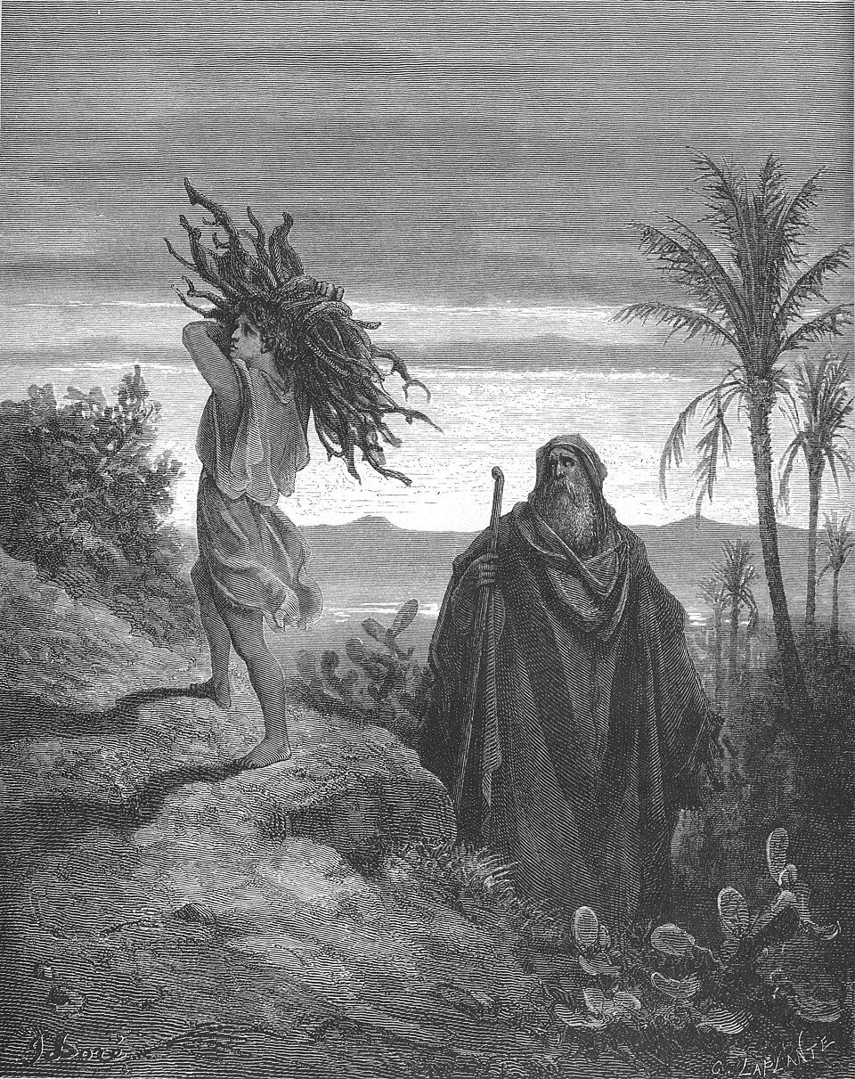 Abraham raises a knife over Isaac bound on the altar of wood