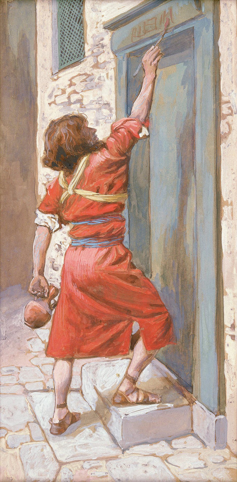 A man marks blood from a lamb on the door frame at night.