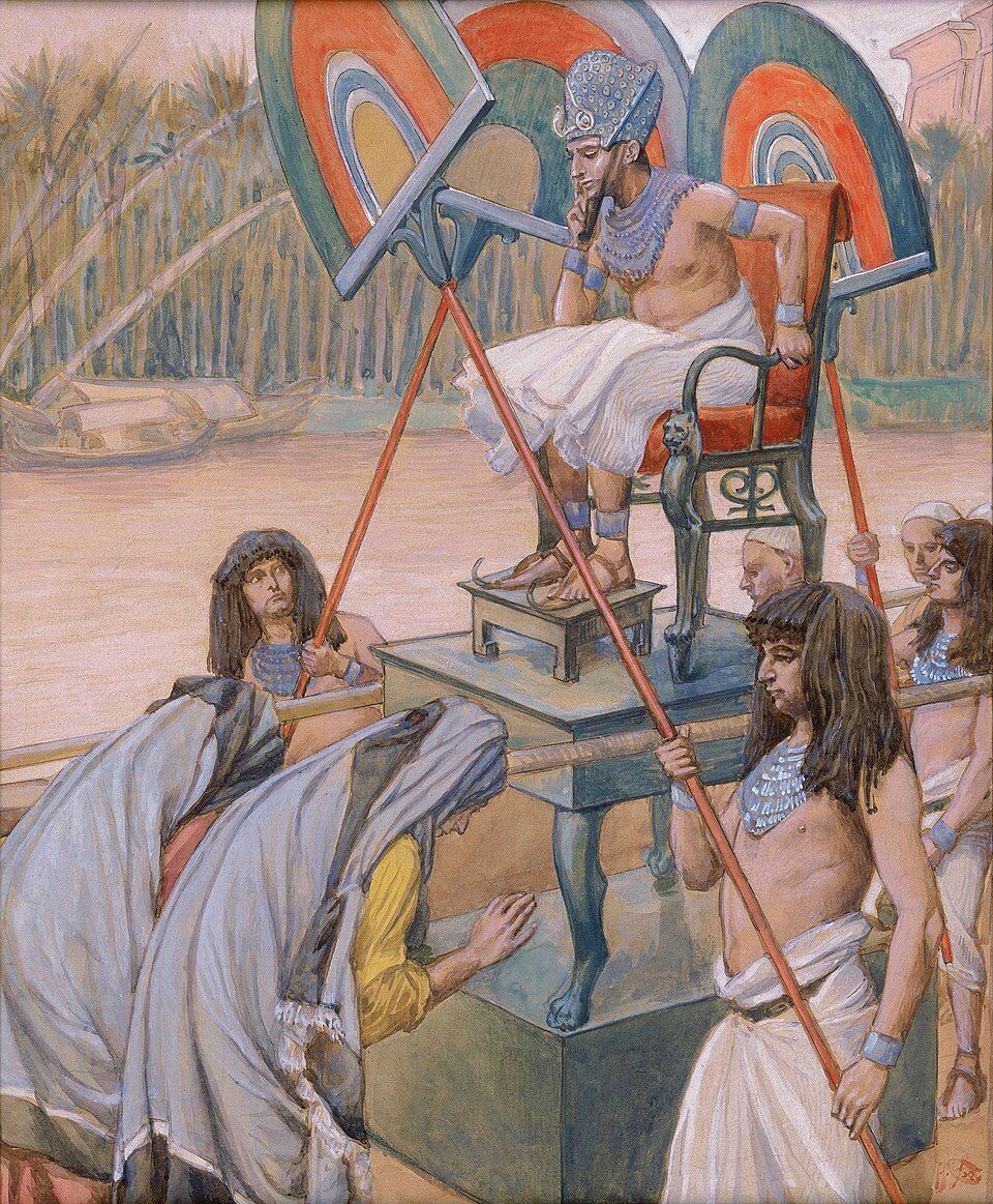 Pharaoh instructs the Hebrew midwives Shiphrah and Puah at his throne.