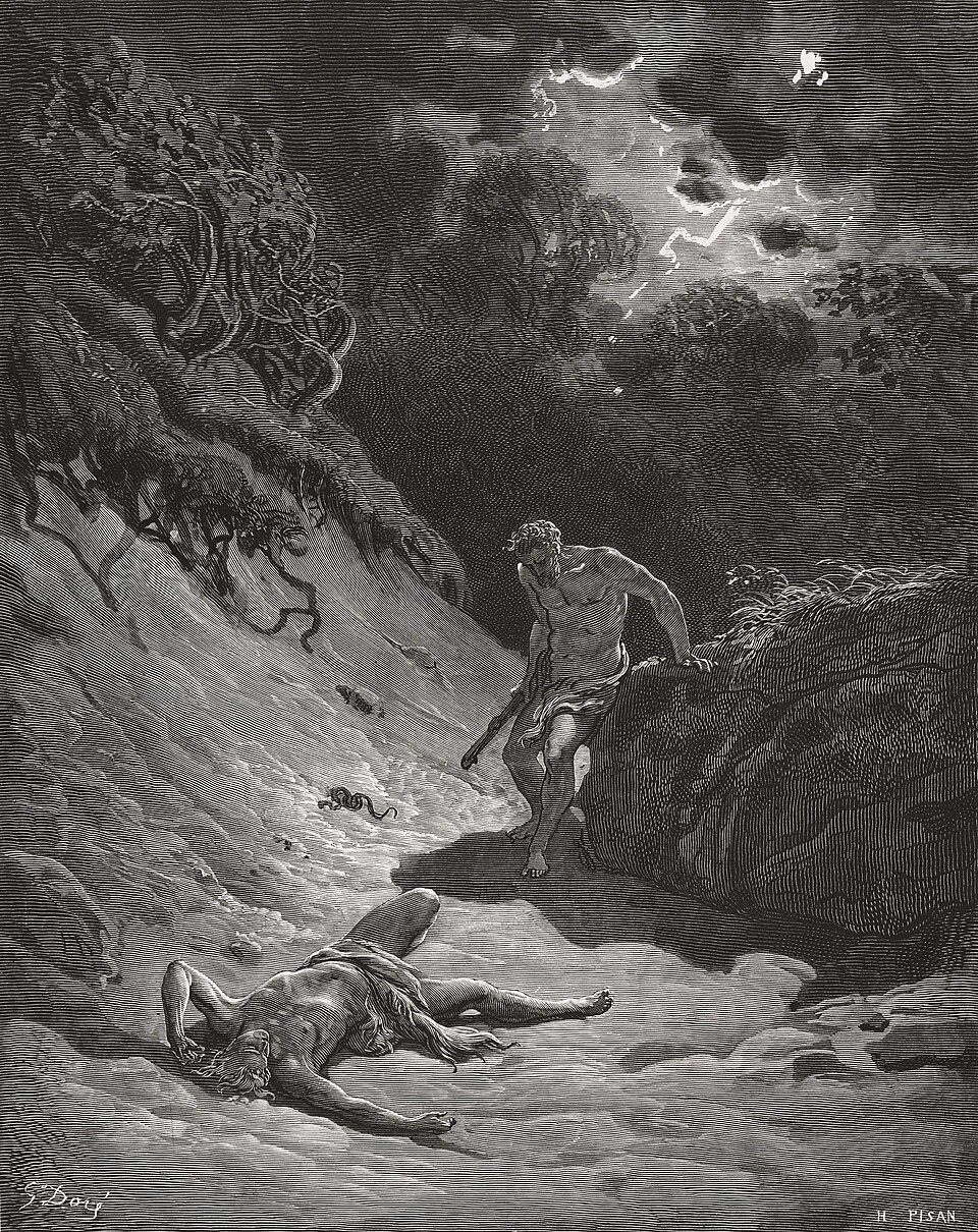 Cain stands over Abel's body in a storm-lit wilderness