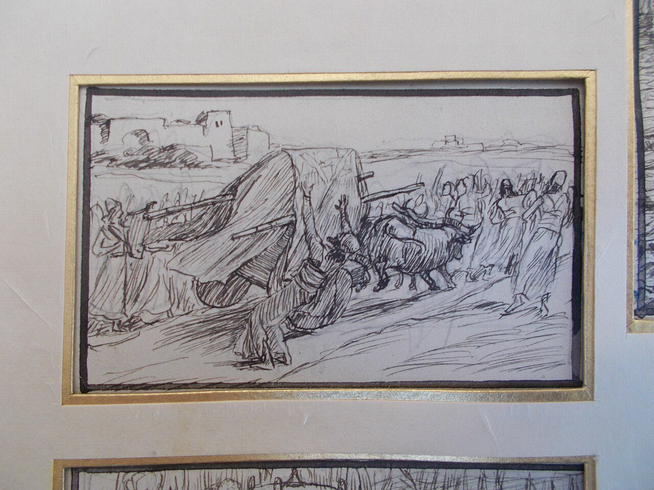 Uzzah falls beside the Ark's cart as oxen pull it along.