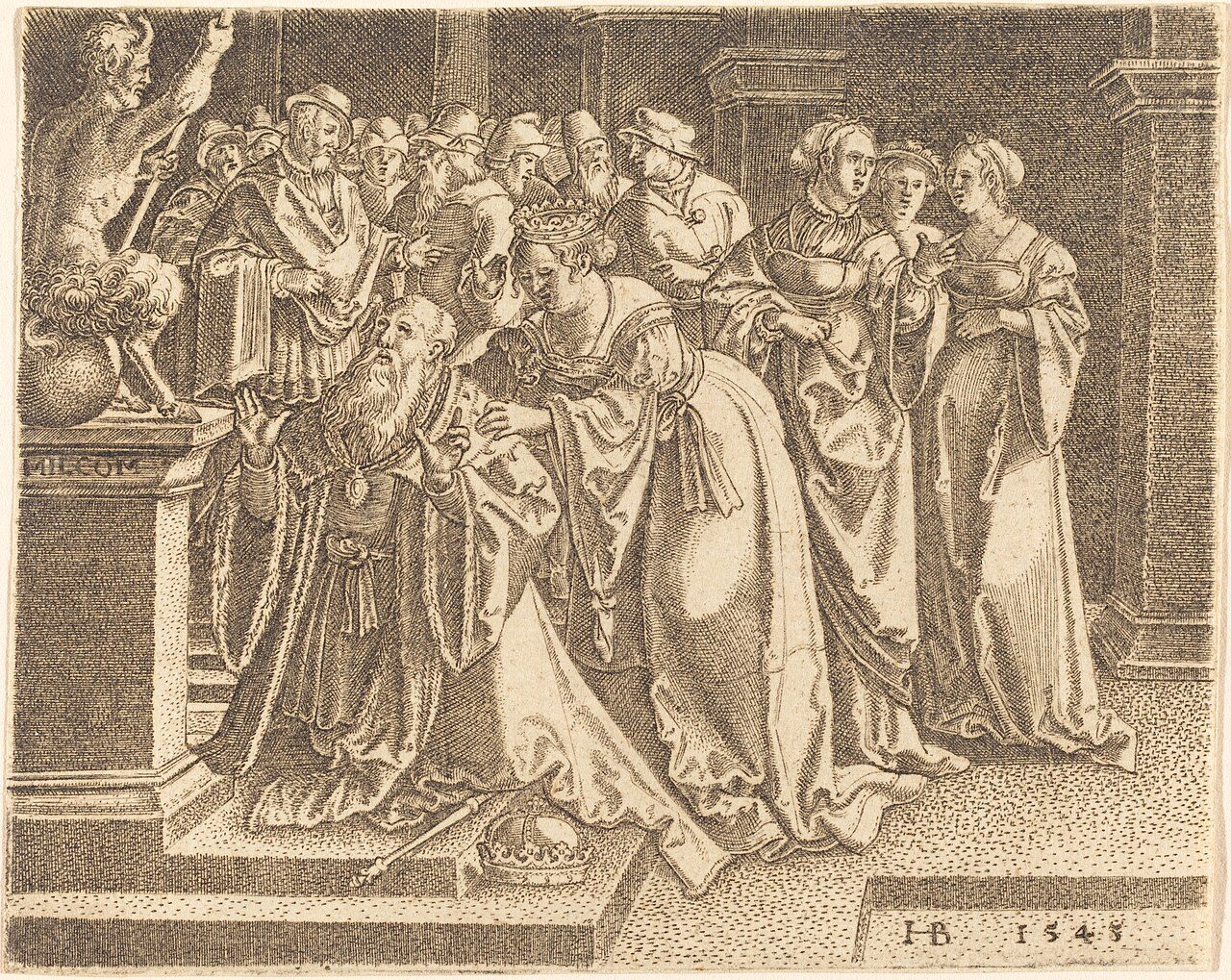 An aged Solomon kneels before a pagan idol on an altar.
