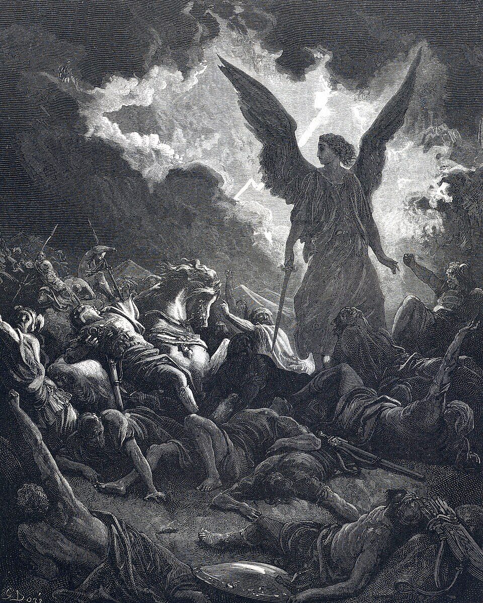 An angel strikes down the sleeping Assyrian army outside the city.