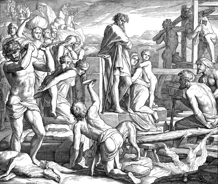 Cain directs builders raising the walls of his new city