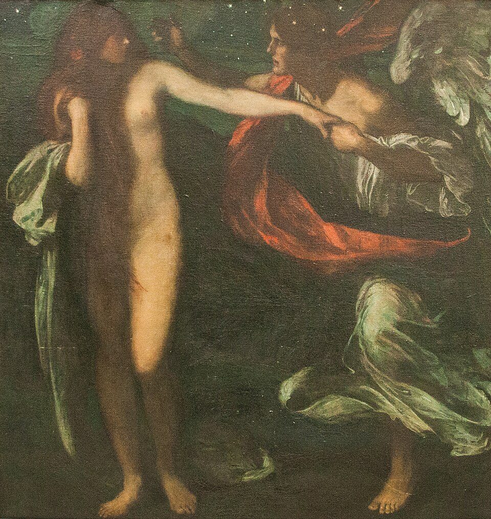 Winged, radiant beings descend toward earthly women below