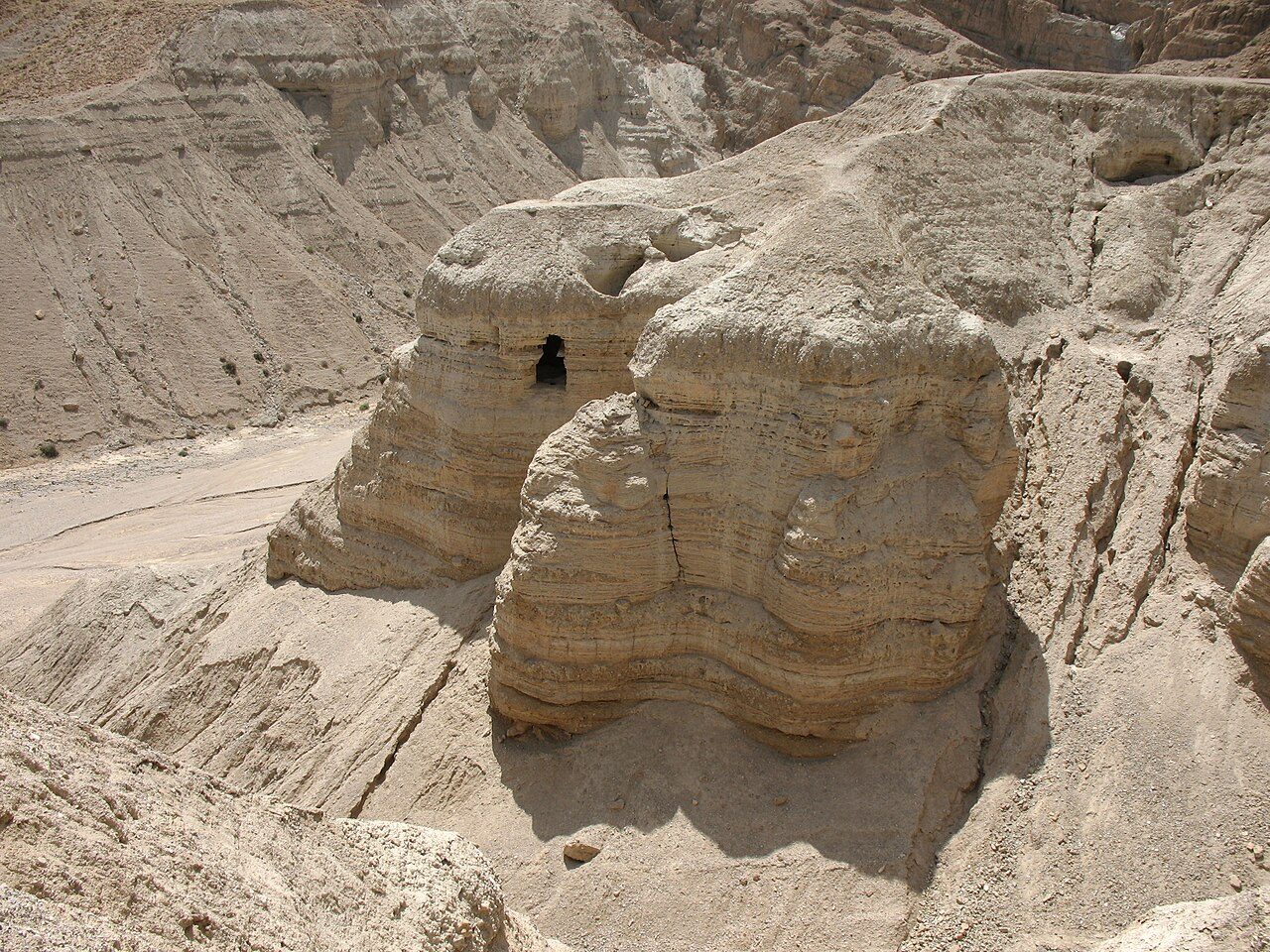 A cave opening in the cliffs above the Dead Sea at Qumran.