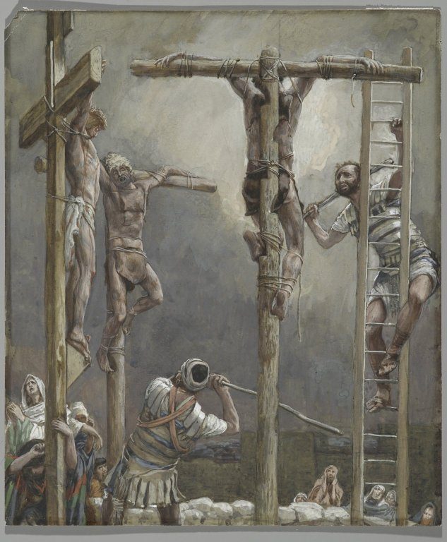 Tissot painting of soldiers breaking the two thieves' legs at the cross